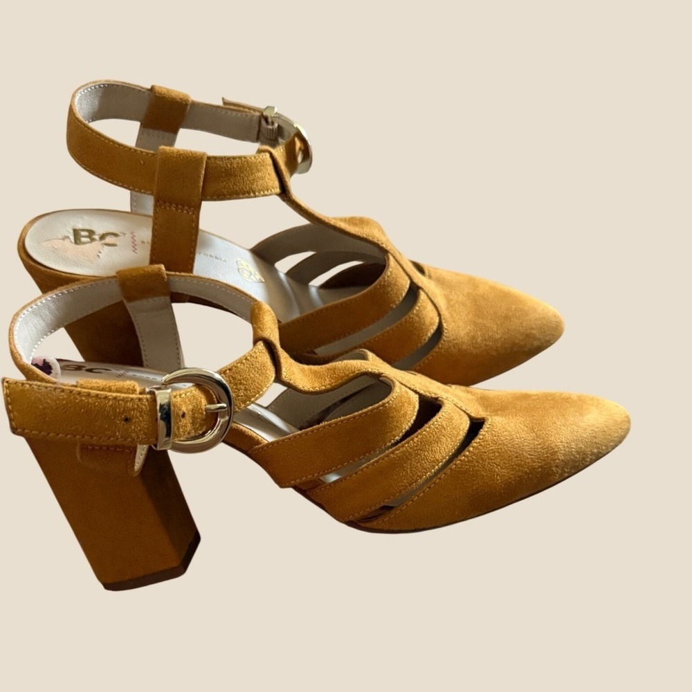 BC Footwear Mustard Yellow Vegan Block Heel Multi Strap Pointed Toe Pumps 8.5